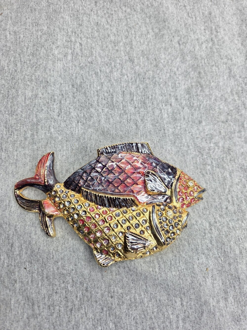 Vintage Koi Fish Belt Buckle Enamel Rhinestone Large Statement Gold Tone 1990s